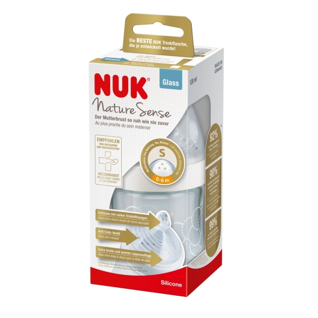 NUK NATURE SENSE PP stiklinis buteliukas 120ml įv.spalvų su žinduku SI 1S