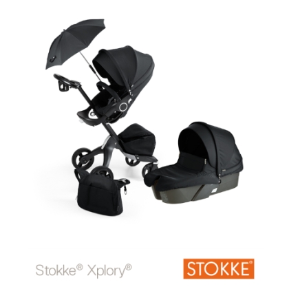 STOKKE XPLORY True Black kompl. (vežimėlis, skėtis ir rankinė)