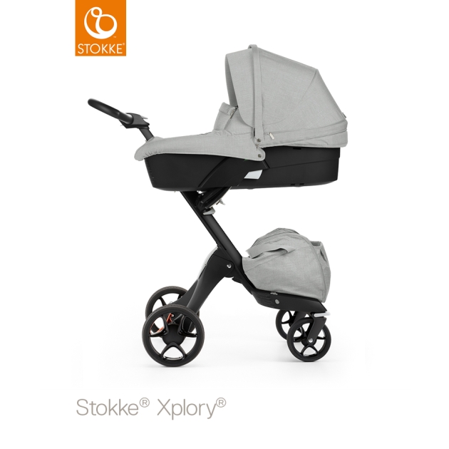 Stokke Xplory V5 Grey Melange  juoda važiuoklė (su lopšiu)