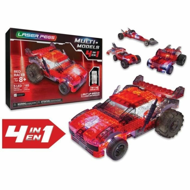 Statybinės mašinėlės Laser Pegs Red Vehicle – 4 in 1 + 8 metų LED Šviesus 185 Dalys