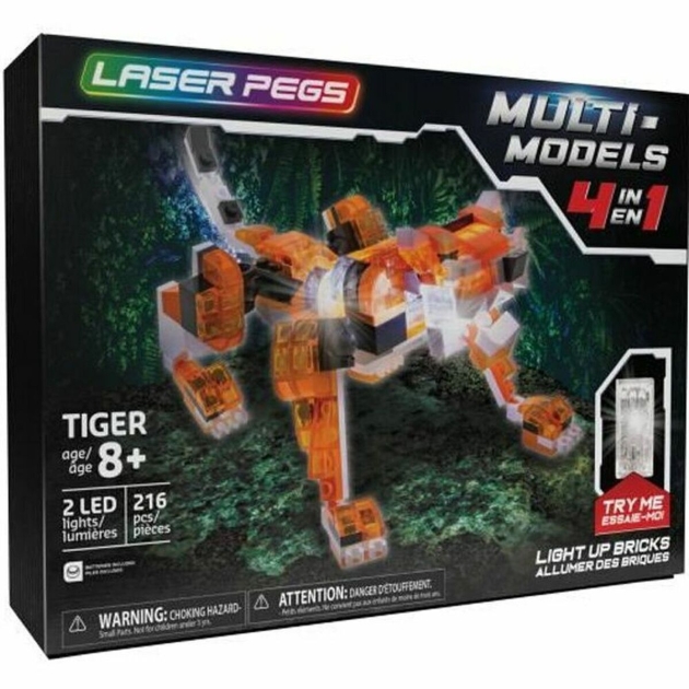 Sujungiama dalis Laser Pegs Red Tiger - 4 in 1 + 8 metų LED Šviesus 216 Dalys