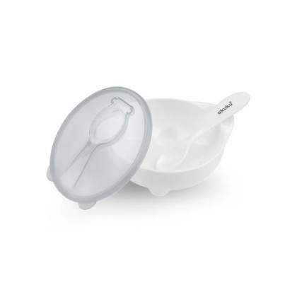 Akuku dubenėlis su dangteliu ir šaukšteliu, A0424-WHITE