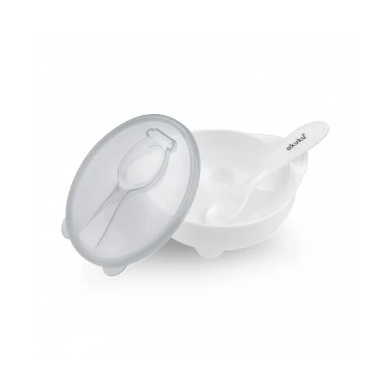 Akuku dubenėlis su dangteliu ir šaukšteliu, A0424-WHITE Akuku dubenėlis su dangteliu ir šaukšteliu, A0424-WHITE