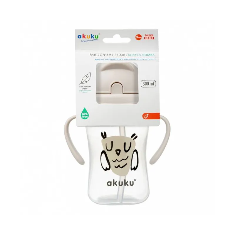 Akuku gertuvė su šiaudeliu, 300ml, su dviem rankenėlėmis, OWL A0204 Akuku gertuvė su šiaudeliu, 300ml, su dviem rankenėlėmis, OWL A0204