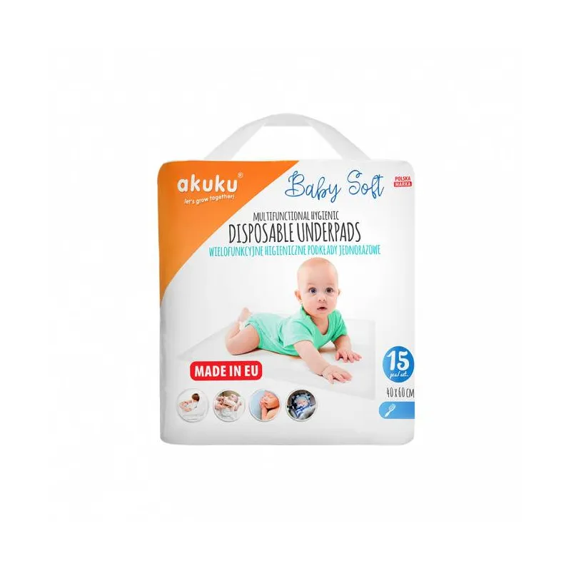 Akuku kūdikio pervystymo paklotai SOFT, 40x60, 15 vnt., A0500 Akuku kūdikio pervystymo paklotai SOFT, 40x60, 15 vnt., A0500